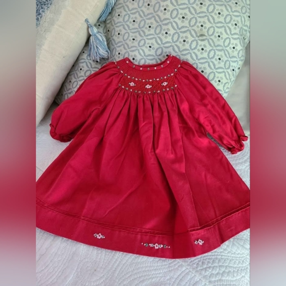 Red Smocked Dress with Floral Embroidery